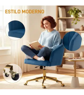 Silla de Oficina con Ruedas de Terciopelo con Respaldo Acolchado Altura Ajustable Espuma Alta Resiliencia Azul