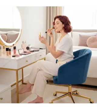 Silla de Oficina con Ruedas de Terciopelo con Respaldo Acolchado Altura Ajustable Espuma Alta Resiliencia Azul