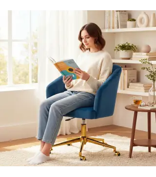 Silla de Oficina con Ruedas de Terciopelo con Respaldo Acolchado Altura Ajustable Espuma Alta Resiliencia Azul