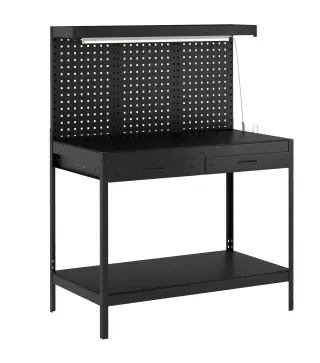 Banco de Trabajo Carga 272 kg 110x60x150 cm con Tableros Perforados Metálicos Toma de Corriente Luces LED Cajones Negro