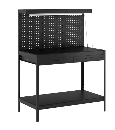 Banco de Trabajo Carga 272 kg 110x60x150 cm con Tableros Perforados Metálicos Toma de Corriente Luces LED Cajones Negro