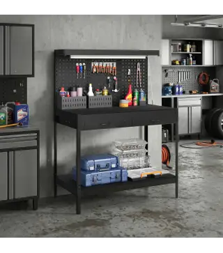 Banco de Trabajo Carga 272 kg 110x60x150 cm con Tableros Perforados Metálicos Toma de Corriente Luces LED Cajones Negro