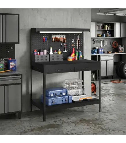 Banco de Trabajo Carga 272 kg 110x60x150 cm con Tableros Perforados Metálicos Toma de Corriente Luces LED Cajones Negro