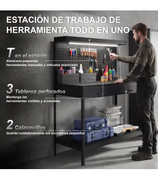 Banco de Trabajo Carga 272 kg 110x60x150 cm con Tableros Perforados Metálicos Toma de Corriente Luces LED Cajones Negro