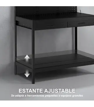 Banco de Trabajo Carga 272 kg 110x60x150 cm con Tableros Perforados Metálicos Toma de Corriente Luces LED Cajones Negro