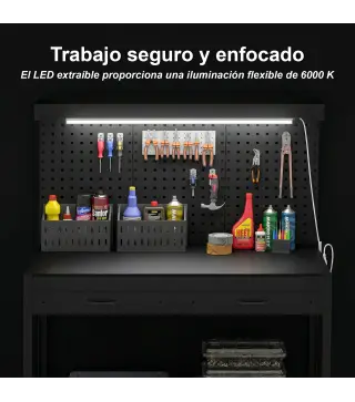 Banco de Trabajo Carga 272 kg 110x60x150 cm con Tableros Perforados Metálicos Toma de Corriente Luces LED Cajones Negro