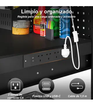 Banco de Trabajo Carga 272 kg 110x60x150 cm con Tableros Perforados Metálicos Toma de Corriente Luces LED Cajones Negro