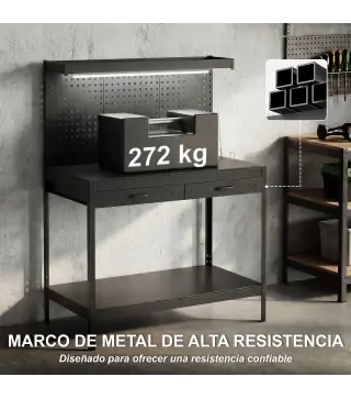 Banco de Trabajo Carga 272 kg 110x60x150 cm con Tableros Perforados Metálicos Toma de Corriente Luces LED Cajones Negro
