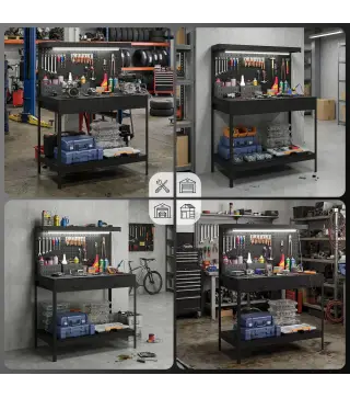 Banco de Trabajo Carga 272 kg 110x60x150 cm con Tableros Perforados Metálicos Toma de Corriente Luces LED Cajones Negro