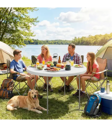 Mesa Plegable Camping 120x120x74 cm Mesa Plegable Portátil con Encimera de HDPE Almohadillas Antideslizantes Blanco