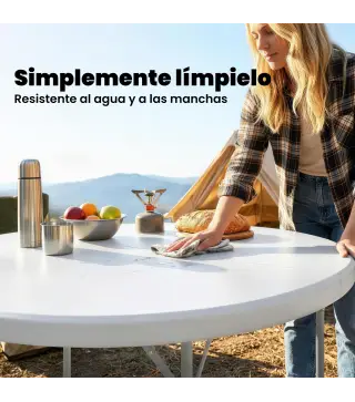 Mesa Plegable Camping 120x120x74 cm Mesa Plegable Portátil con Encimera de HDPE Almohadillas Antideslizantes Blanco