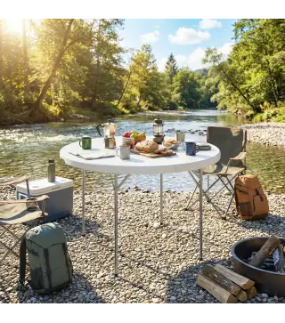 Mesa Plegable Camping 120x120x74 cm Mesa Plegable Portátil con Encimera de HDPE Almohadillas Antideslizantes Blanco