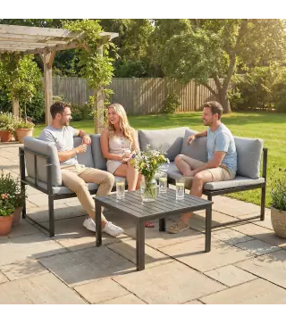 Conjunto de Jardín Exterior con Cojines 2 Sofás de 2 Plazas Reposabrazos Ajustables y Mesa de Centro de Listones Gris