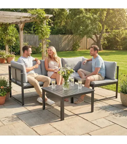 Conjunto de Jardín Exterior con Cojines 2 Sofás de 2 Plazas Reposabrazos Ajustables y Mesa de Centro de Listones Gris