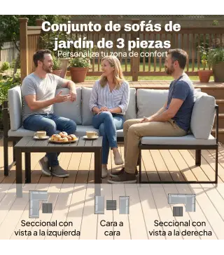 Conjunto de Jardín Exterior con Cojines 2 Sofás de 2 Plazas Reposabrazos Ajustables y Mesa de Centro de Listones Gris