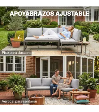 Conjunto de Jardín Exterior con Cojines 2 Sofás de 2 Plazas Reposabrazos Ajustables y Mesa de Centro de Listones Gris