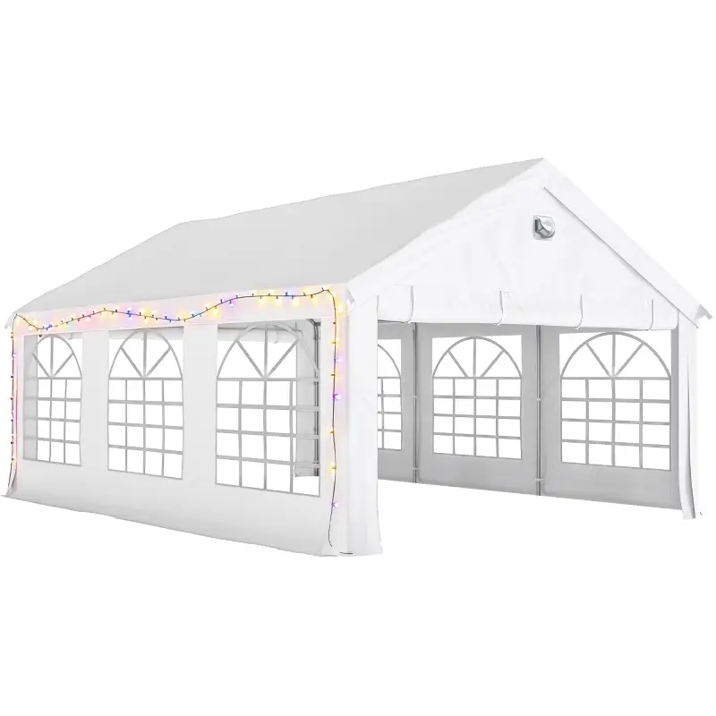 Carpa para Fiestas 4x6 m Carpa de Jardín con Luces LED Paredes Extraíbles 2 Puertas y Ventanas UPF30+ para Boda Blanco