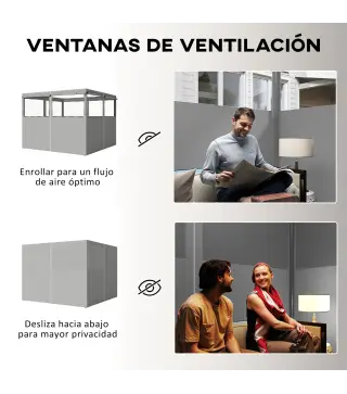 4 Paredes Laterales para Cenador 3x3 m Laterales de Carpa con 8 Ventanas Protección UV 30+ Impermeable Gris Claro