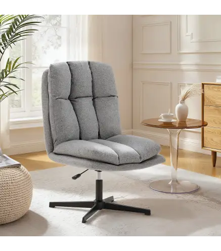 Butaca de Salón Giratorio 360° Altura Ajustable Asiento Ancho Tapizado en Lino Base de Metal Gris Claro