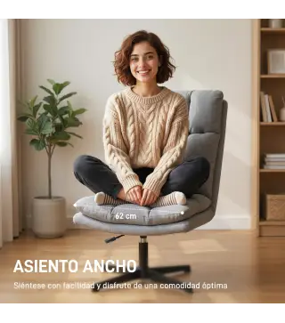 Butaca de Salón Giratorio 360° Altura Ajustable Asiento Ancho Tapizado en Lino Base de Metal Gris Claro