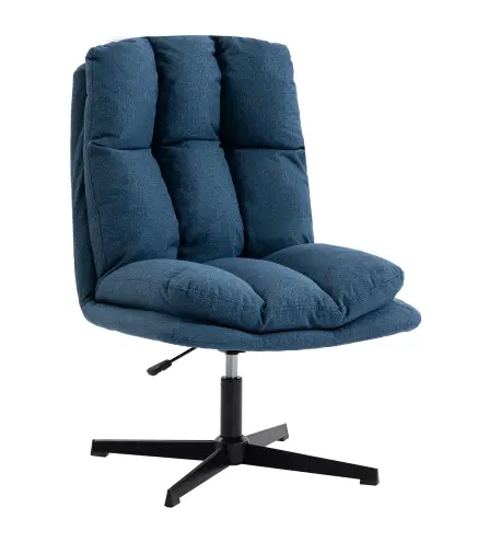 Butaca de Salón Giratorio 360° Altura Ajustable Asiento Ancho Tapizado en Lino Base de Metal Azul Oscuro