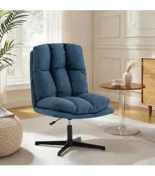 Butaca de Salón Giratorio 360° Altura Ajustable Asiento Ancho Tapizado en Lino Base de Metal Azul Oscuro