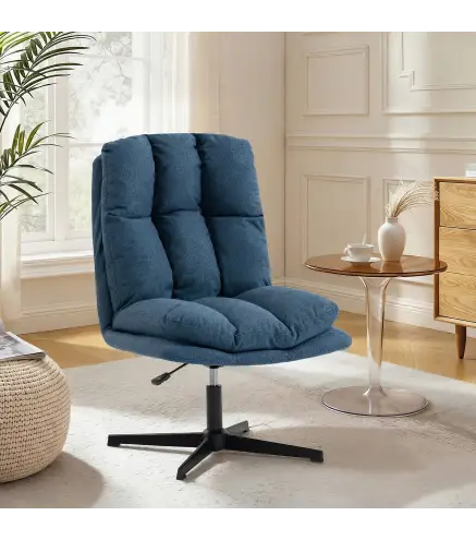 Butaca de Salón Giratorio 360° Altura Ajustable Asiento Ancho Tapizado en Lino Base de Metal Azul Oscuro