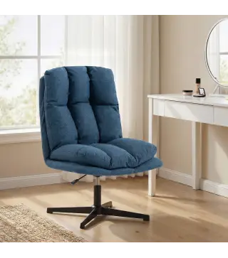 Butaca de Salón Giratorio 360° Altura Ajustable Asiento Ancho Tapizado en Lino Base de Metal Azul Oscuro