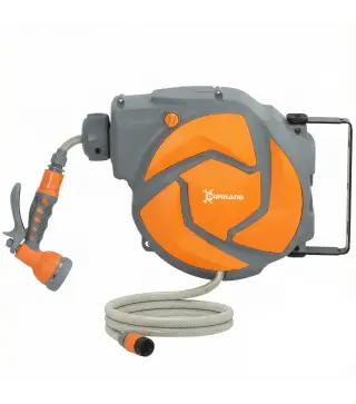 Manguera Retráctil de Pared con Carrete de 10+1 m con Retorno Enrollado Automático y Boquilla de 7 Funciones Gira 180°