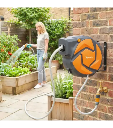 Manguera Retráctil de Pared con Carrete de 10+1 m con Retorno Enrollado Automático y Boquilla de 7 Funciones Gira 180°