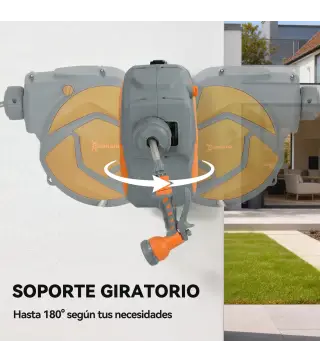 Manguera Retráctil de Pared con Carrete de 10+1 m con Retorno Enrollado Automático y Boquilla de 7 Funciones Gira 180°