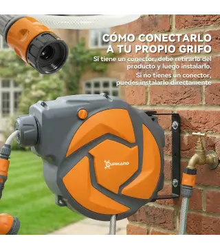 Manguera Retráctil de Pared con Carrete de 10+1 m con Retorno Enrollado Automático y Boquilla de 7 Funciones Gira 180°