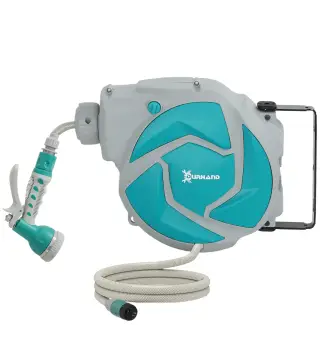 Manguera Retráctil de Pared con Carrete de 10+1 m con Retorno Enrollado Automático y Boquilla de 7 Funciones Gira 180°