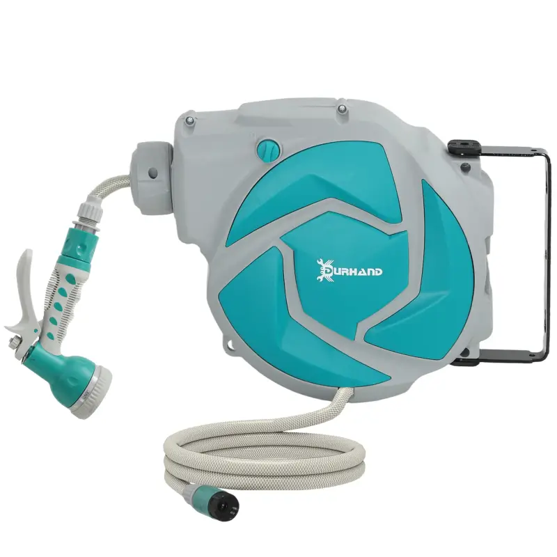 Manguera Retráctil de Pared con Carrete de 10+1 m con Retorno Enrollado Automático y Boquilla de 7 Funciones Gira 180°