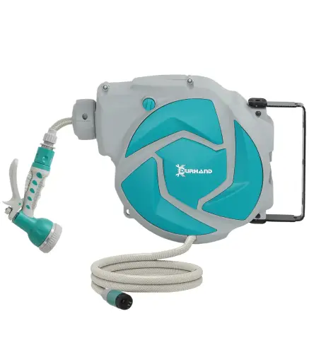 Manguera Retráctil de Pared con Carrete de 10+1 m con Retorno Enrollado Automático y Boquilla de 7 Funciones Gira 180°