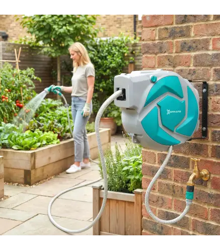Manguera Retráctil de Pared con Carrete de 10+1 m con Retorno Enrollado Automático y Boquilla de 7 Funciones Gira 180°