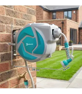 Manguera Retráctil de Pared con Carrete de 10+1 m con Retorno Enrollado Automático y Boquilla de 7 Funciones Gira 180°