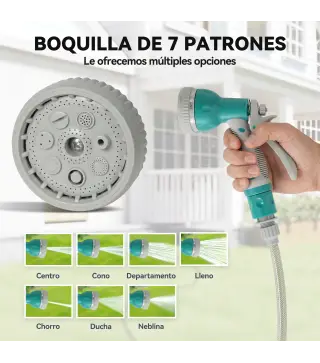 Manguera Retráctil de Pared con Carrete de 10+1 m con Retorno Enrollado Automático y Boquilla de 7 Funciones Gira 180°