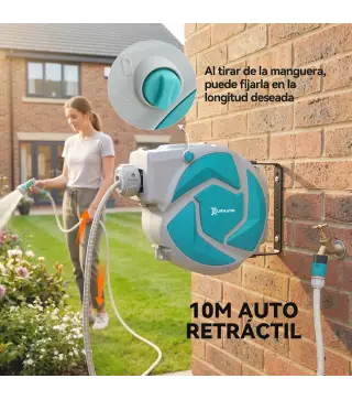 Manguera Retráctil de Pared con Carrete de 10+1 m con Retorno Enrollado Automático y Boquilla de 7 Funciones Gira 180°