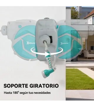Manguera Retráctil de Pared con Carrete de 10+1 m con Retorno Enrollado Automático y Boquilla de 7 Funciones Gira 180°