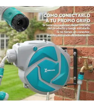 Manguera Retráctil de Pared con Carrete de 10+1 m con Retorno Enrollado Automático y Boquilla de 7 Funciones Gira 180°