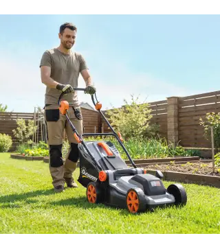 Cortacésped a Batería Inalámbrico 18V con 2 Baterías de 4Ah Ancho de Corte de 34 cm y Función de Mulching Motor 700 W