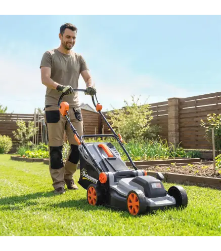 Cortacésped a Batería Inalámbrico 18V con 2 Baterías de 4Ah Ancho de Corte de 34 cm y Función de Mulching Motor 700 W