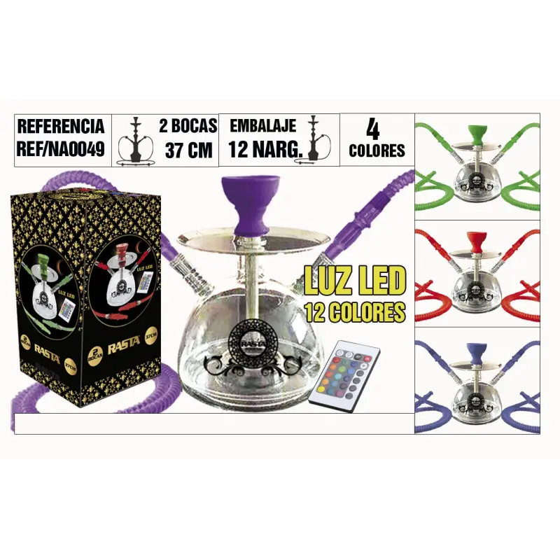 Narguila Profesional 37Cm 2 Bocas Luz Led 12 Colores