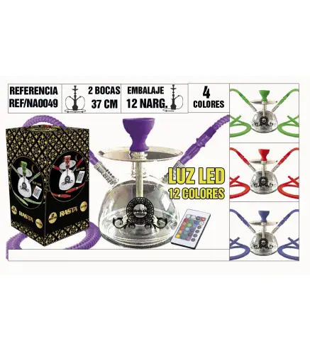 Narguila Profesional 37Cm 2 Bocas Luz Led 12 Colores