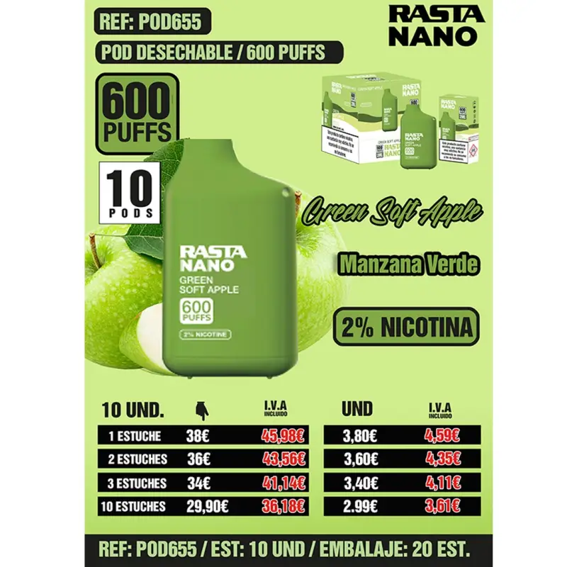 Pod Nano 2% 600 - Apple Ice Est 10 Emb 20