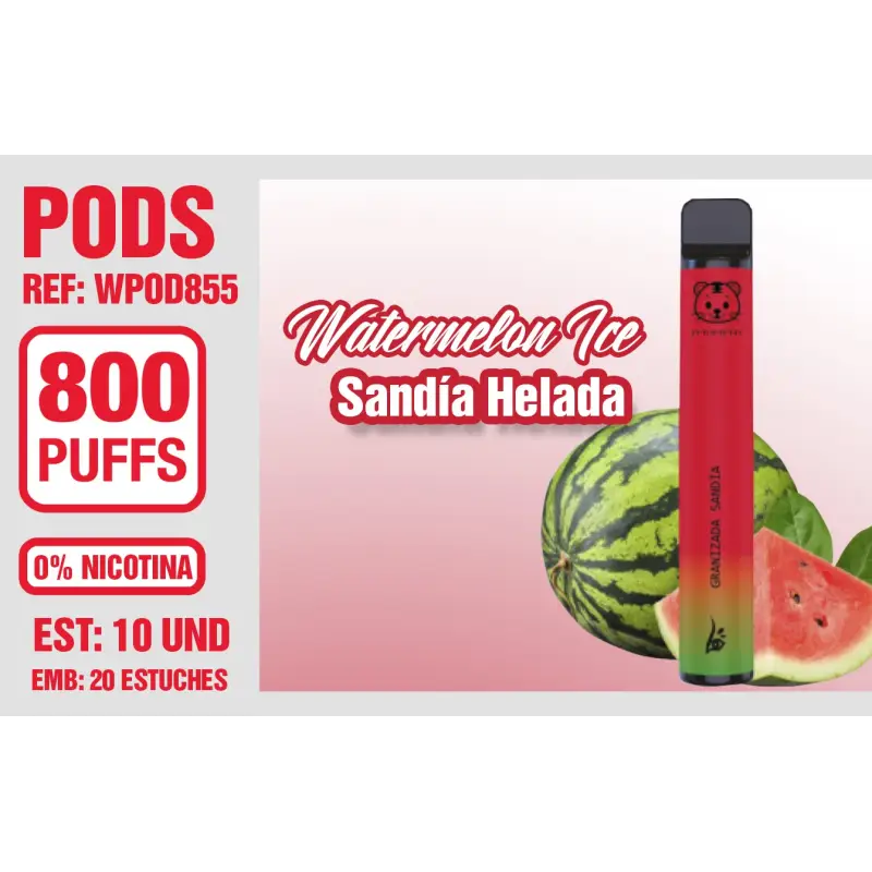 Pod Desechable 800 Puffs 0% Nicotina Watermelon Ice (Sandia Helada)