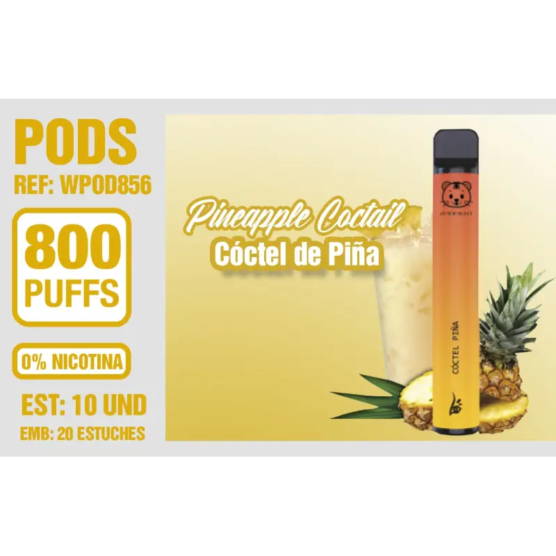 Pod Desechable 800 Puffs 0% Nicotina Pineapple Coctail (Coctel De Piña)
