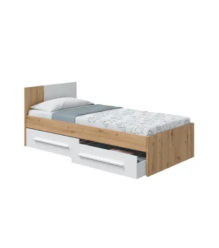 AMBIENT Cama juvenil con cabezal (SIN somier + 2 cajones)(para colchón de 190x90) Roble Nodi/Bl.Artik