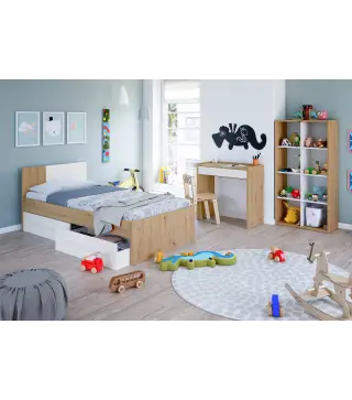 AMBIENT Cama juvenil con cabezal (SIN somier + 2 cajones)(para colchón de 190x90) Roble Nodi/Bl.Artik